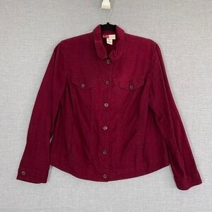 JM Jennifer Moore Linen Blend Shirt Womens 12 Top Wine Red Pockets Button Down